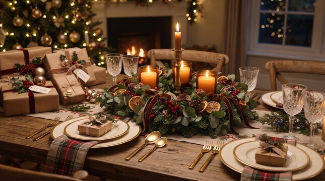 Christmas dinner table featuring a decorative wreath centerpiece with lit candles, festive place settings, and wrapped presents arranged neatly in a warm interior setting.
