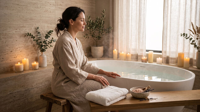 Relaxed woman preparing soothing bath treatment in elegant bathroom for wellness mindfulness stress relief beauty and luxurious self care ritual