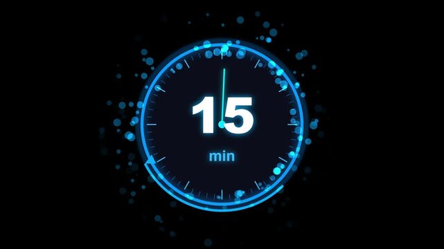 Glowing digital timer display showing fifteen minutes countdown digital clock