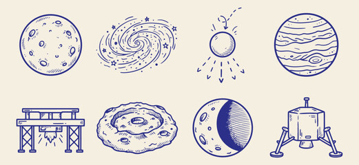 Hand drawn space and astronomy icons set featuring moon galaxy sun gas giant crater crescent and lander © Mohsin