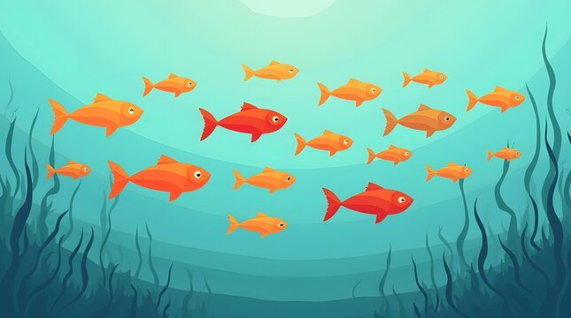 School of Goldfish Swimming Together in Underwater Kelp Forest