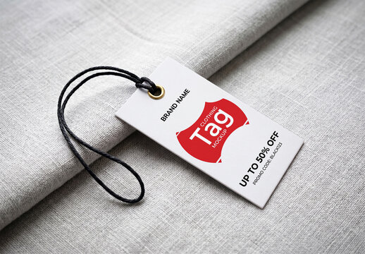 Realistic Clothing Tag Mockup on Grey Fabric