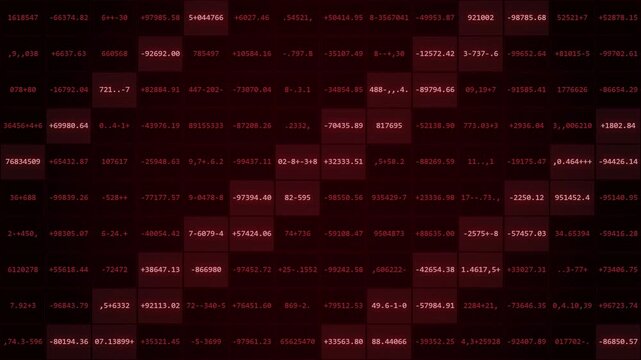 Dark background with red scrolling digital financial data grid finance numbers