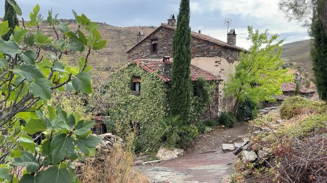 Patones traditional stone house covered in ivy in patones de arriba