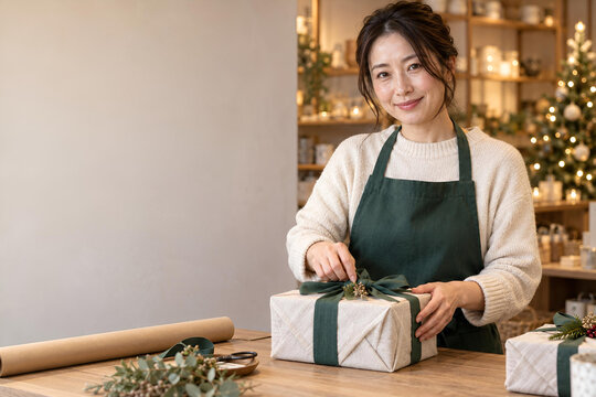 クリスマスギフトを布とリボンで丁寧に包む日本人女性店員、温かな雑貨店で進める冬の贈り物の準備-生成