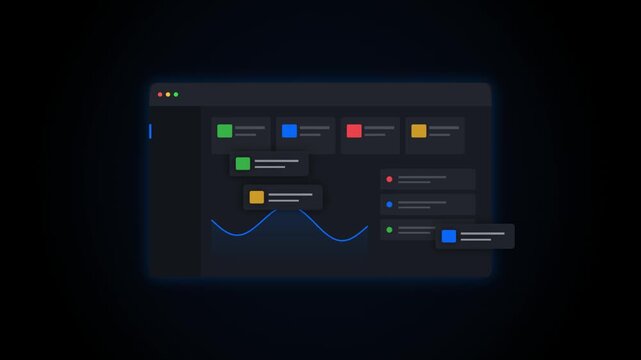 Modern task management software interface with colorful data cards and charts
