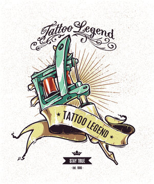 Vintage tattoo machine illustration with ribbon banner, decorative lettering, and sunburst elements, isolated on white background