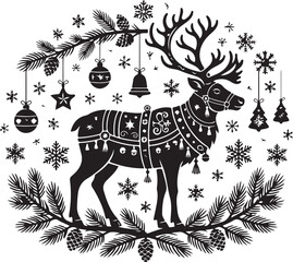 Vintage black silhouette Christmas reindeer with ornate harness, pine branches, snowflakes and hanging ornaments. Festive holiday vector art. © Sobur