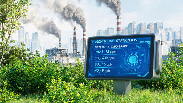 An outdoor air quality monitoring station displays real-time pollutant data near an industrial area with smokestacks emitting fumes.