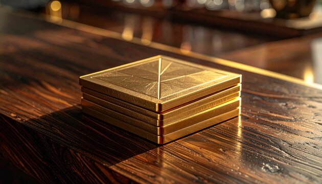 A set of four brushed gold metal square coasters with geometric patterns resting on a rich wooden surface.