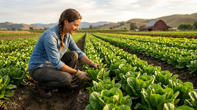 Woman Harvesting Fresh Lettuce In Organic Field.