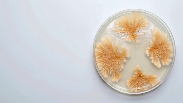 Macro View of Dendritic Bacterial Colony and Fungal Culture Growth on Nutrient Agar in Petri Dish with Copy Space