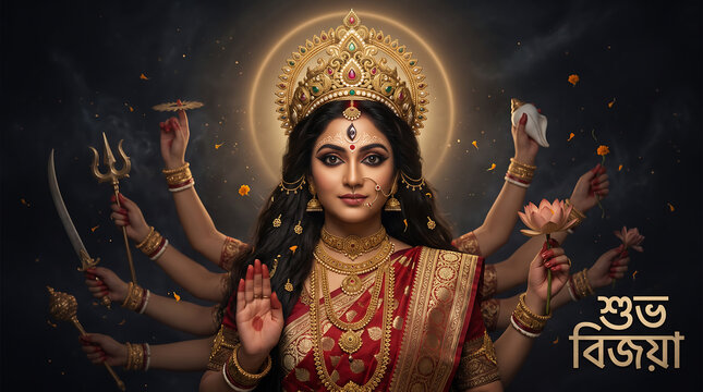Multi armed goddess figure in traditional attire with jewelry