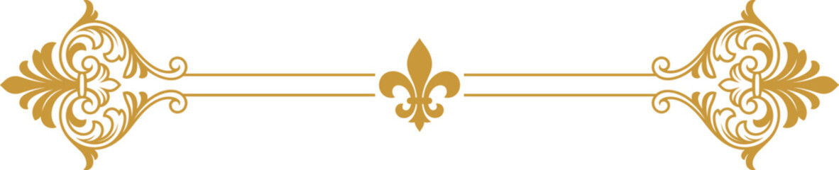 Elegant golden ornamental separator line with baroque flourishes and fleur de lis icon vintage divider vector illustration © MST