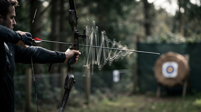 Archer aims bow, arrow streaks toward target. Motion blur shows arrow's rapid flight.