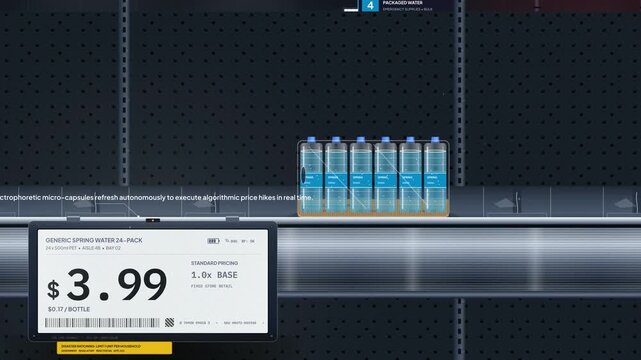 Animated grocery store shelf with dynamic digital price tags showing algorithmic price gouging of bottled water during a hurricane disaster evacuation