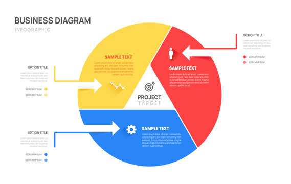Business diagram infographic chart template 3 parts arrow options, presentation with icon elements vector illustration.