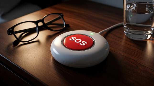 Red SOS emergency button with green light on wooden nightstand. Eyeglasses, glass of water sit nearby on bedside table. Smart medical alarm device for senior safety, home care assistance during
