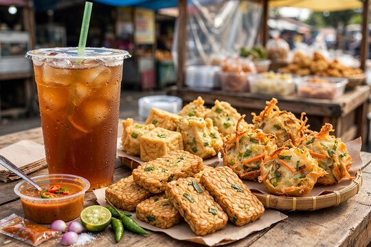 Iced tea in jumbo plastic cup with Indonesian gorengan fried snacks tempe tahu bakwan
