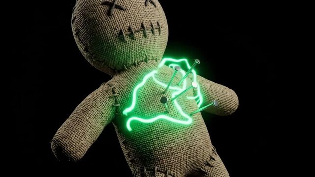 Haunting 4K Voodoo Doll Pulsing with Toxic Green Energy and Sharp Pins Against a Dark Shadowy Background for Horror Halloween