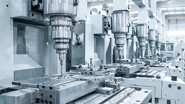 Multiple automated CNC machining centers arranged in a row in a clean modern industrial workshop for precision metal processing.
