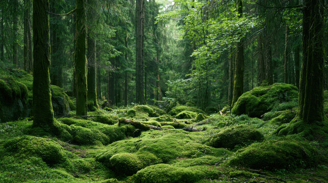 Lush green moss covering the rocks and ground in a dense ancient forest