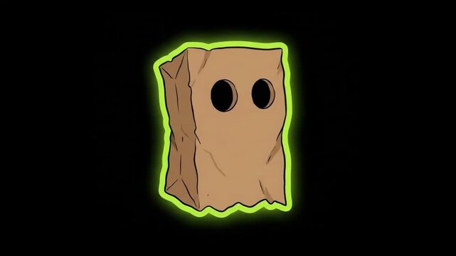 Creepy 4K Brown Paper Bag Ghost Mask Floating with Lime Green Neon Glow on Dark Background for Halloween Horror Concept
