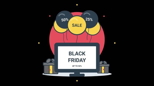 Black Friday Sale Promotion Animation With Computer Display And Floating Balloons For Online Shopping Marketing Campaigns And Retail Business Events