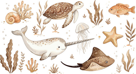 Watercolor Aesthetic Ocean Animals Vector Clipart Set with Narwhal Sea Turtle Stingray and Marine Life Elements for Boho Nursery Decor and Sublimation Prints © rihan