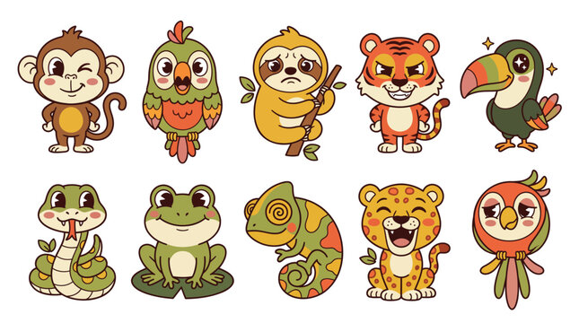 Set of ten cute jungle animal cartoon characters in a retro illustration style