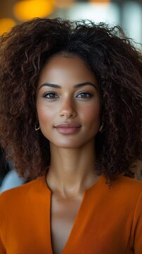 Elegant professional woman with voluminous curly hair wearing orange blazer in a modern blurred corporate office environment