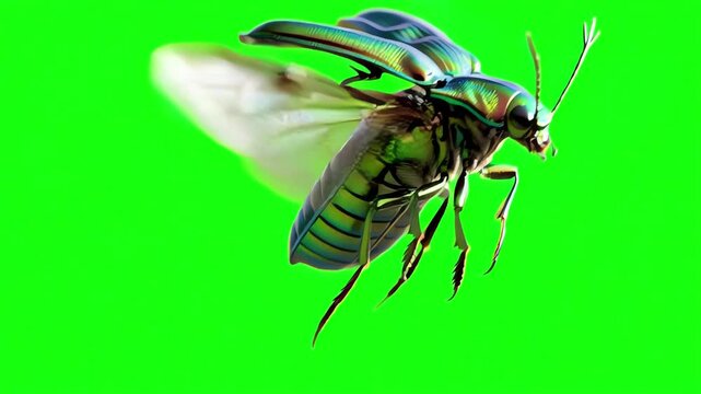 Gentle tilt down on a green screen backdrop where a jewel beetle takes flight, showcasing its wings opening and closing, capturing the essence of dynamic motion