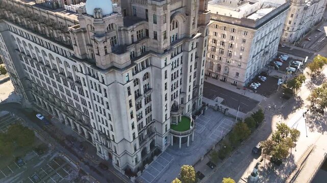 Royal Liver Building Clock Towers Aerial View in Liverpool