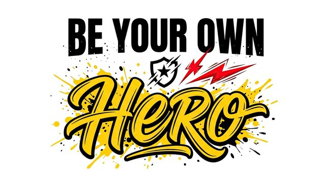 Be your own hero inspirational lettering with vibrant colors and dynamic splatter effects