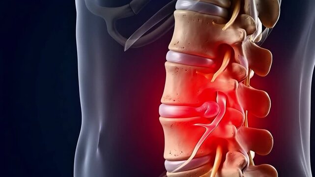 Detailed 3D Medical Animation of Human Lumbar Spine Herniated Disc Compressing Spinal Nerve Root Causing Acute Lower Back Pain and Sciatica Inflammation 