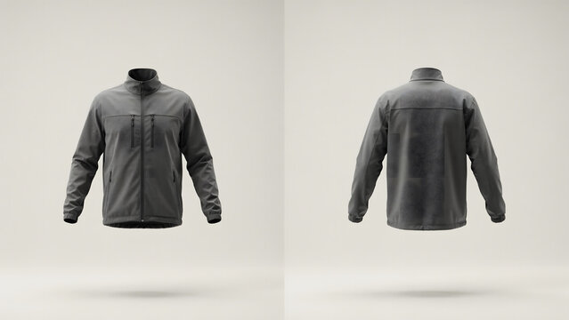 Front and back view of a dark grey zip-up windbreaker jacket with chest pockets, isolated on a light grey background, showing technical fabric