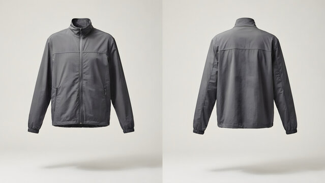 Front and back view of a dark grey zip-up windbreaker jacket with chest pockets, isolated on a light grey background, showing technical fabric