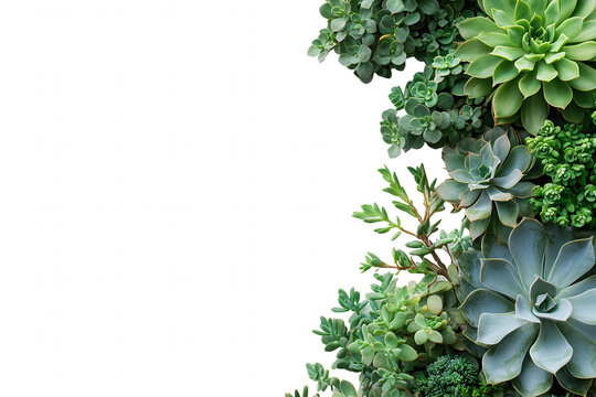 Succulent plants and leafy greenery form a dense vertical arrangement along the right side of a black background, leaving copy space on the left.