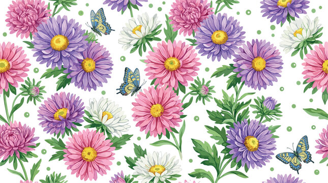 Seamless Aster Flower Pattern Vector with Pink Purple and White Chrysanthemum Blossoms and Flying Butterflies for Vintage Botanical Wallpaper and Textile Designs