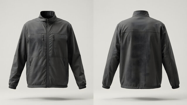 Front and back view of a dark grey zip-up windbreaker jacket with chest pockets, isolated on a light grey background, showing technical fabric