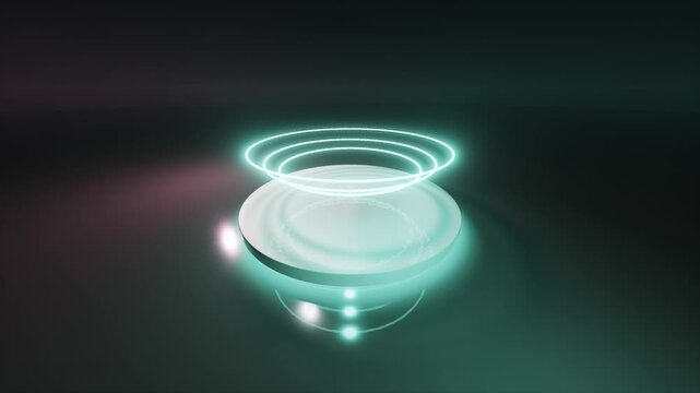 Futuristic glowing portal display with pulsating neon rings and reflections