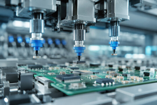 Automated pick-and-place machine assembling semiconductor chips and surface-mount resistors onto green printed circuit board in high-tech microelectronics production close-up