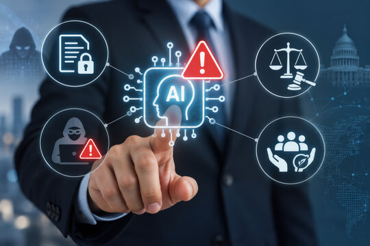 Business executive touching AI warning icon illustrating data leakage risk, regulatory compliance challenges, ethical AI governance and misuse prevention for enterprise technology security