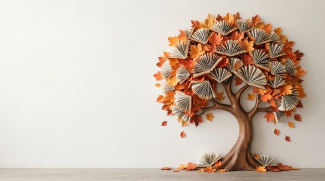 Knowledge tree made of books with autumn leaves representing education and learning