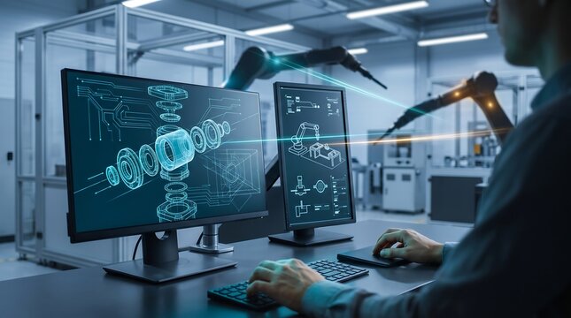 Engineer using dual monitors to design mechanical robotic components with 3D wireframe models in modern smart factory laboratory for industrial product development and automation