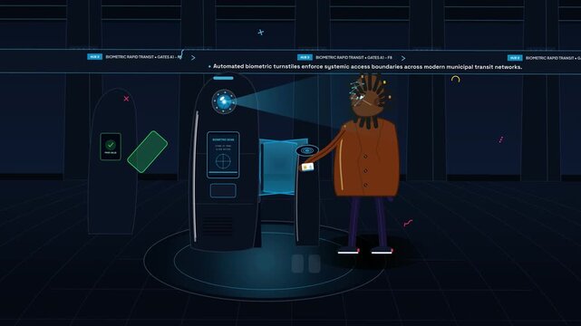 Conceptual animation highlighting algorithmic redlining as a Black commuter is denied transit access by a biased facial recognition biometric turnstile, exposing tech inequality and AI error disparit