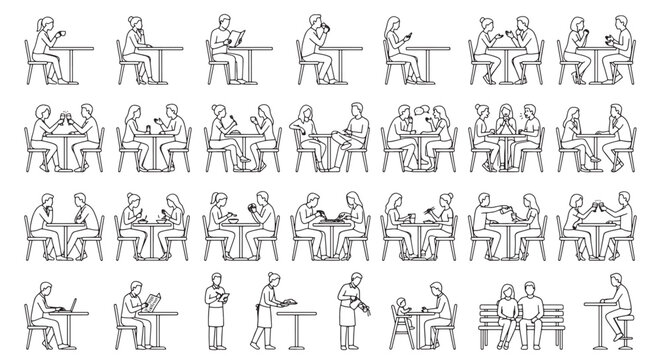 Set of people sitting at cafe tables, side view line art