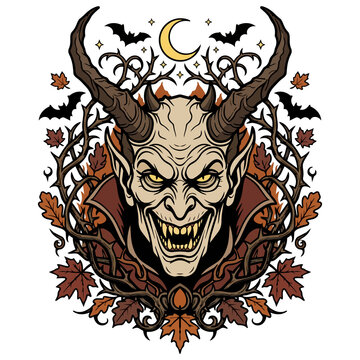 Horned gothic demon monster under crescent moon with autumn leaves