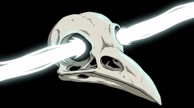 Gothic 4K Raven Bird Skull Emitting Intense Glowing Light Beams and Electrical Energy on a Dark Background for Spooky Horror Backgrounds