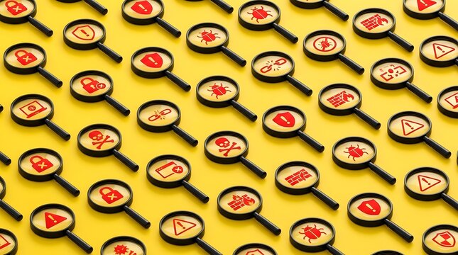 Cybersecurity threats and vulnerabilities detected under magnifying glass digital security icons with red warning symbols on yellow background concept of online safety